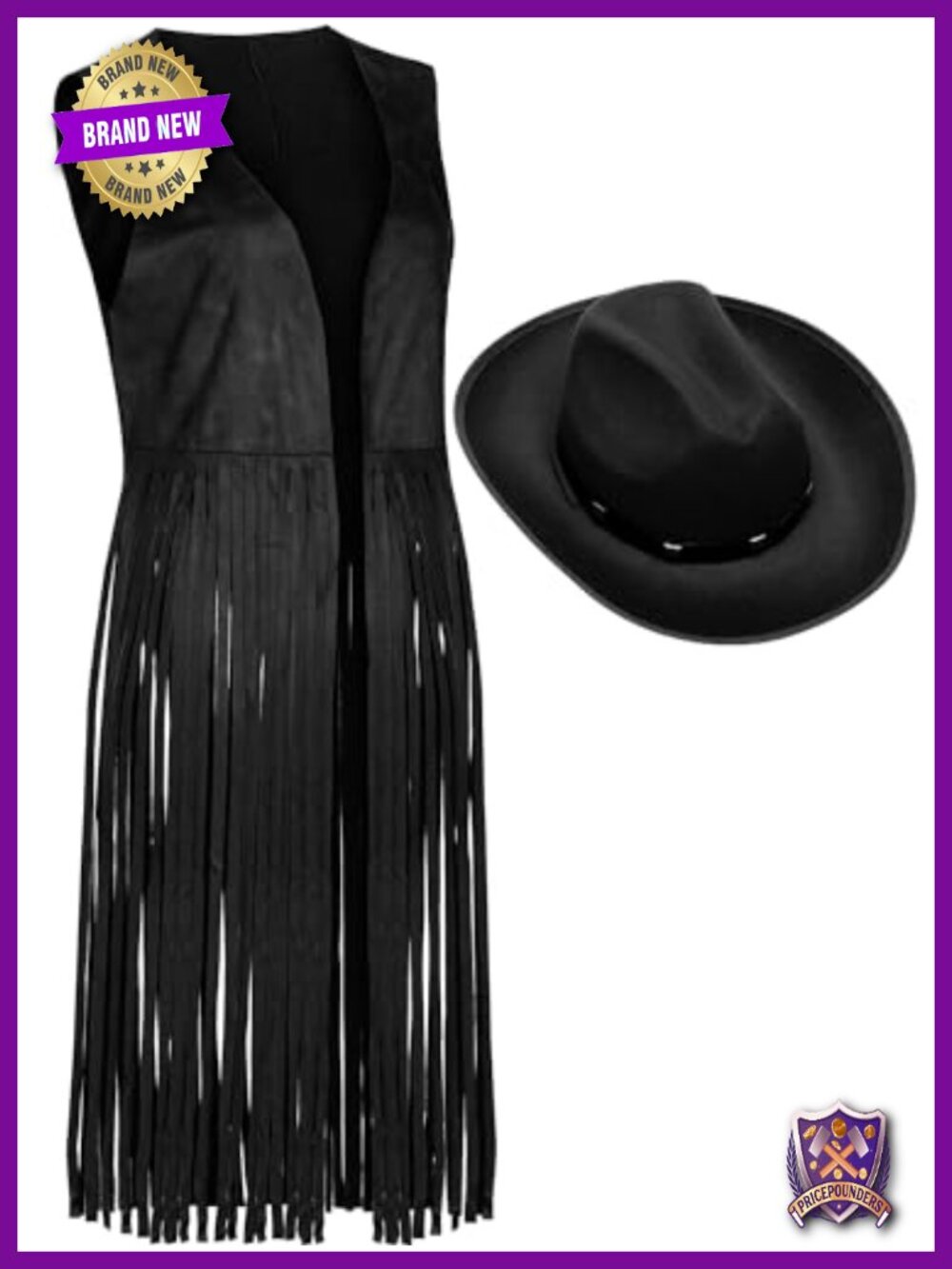 Faux Suede Fringe Vest Set with Cowgirl Hat 70s Hippie Western